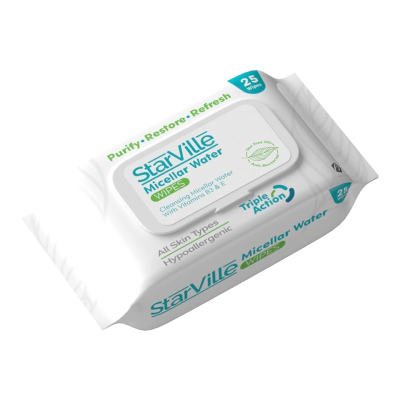 STARVILLE MICELLAR WATER WIPES WITH VITAMINS B3 & E FOR ALL SKIN TYPES 25 WIPES